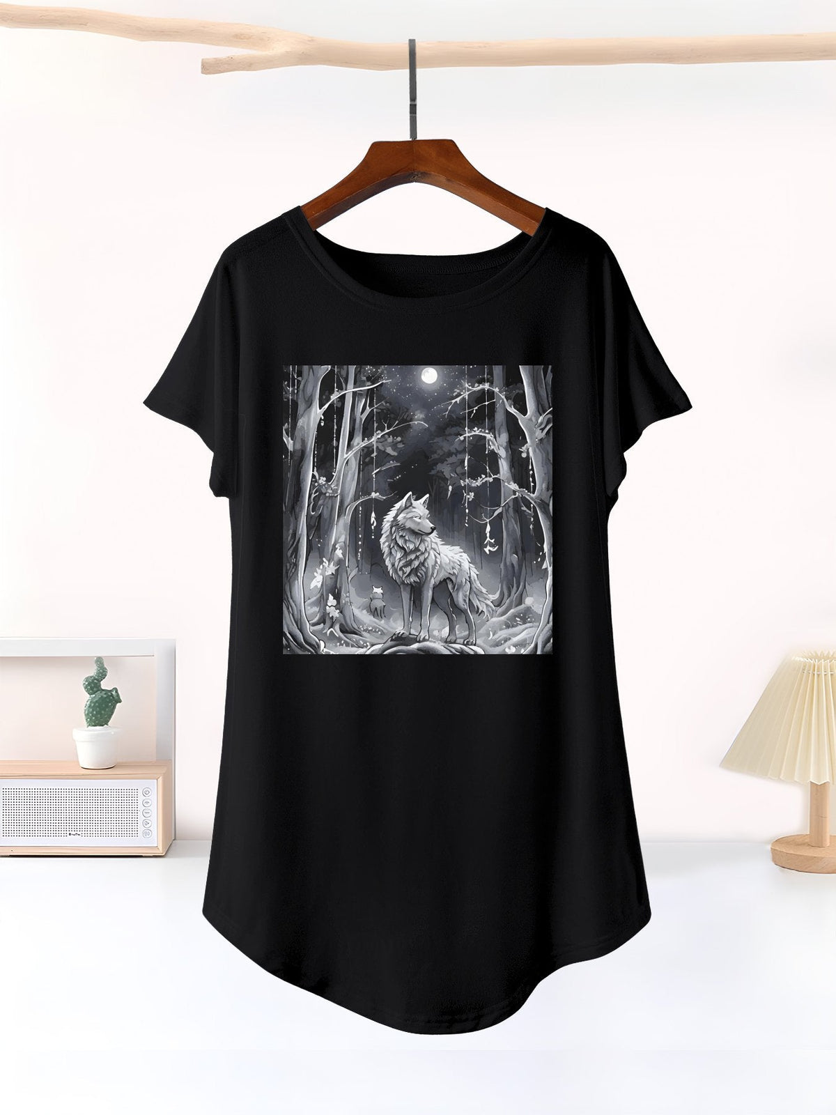 Ethereal Wolf in the Moonlight Casual Summer T-Shirt Dress (Front Printing)