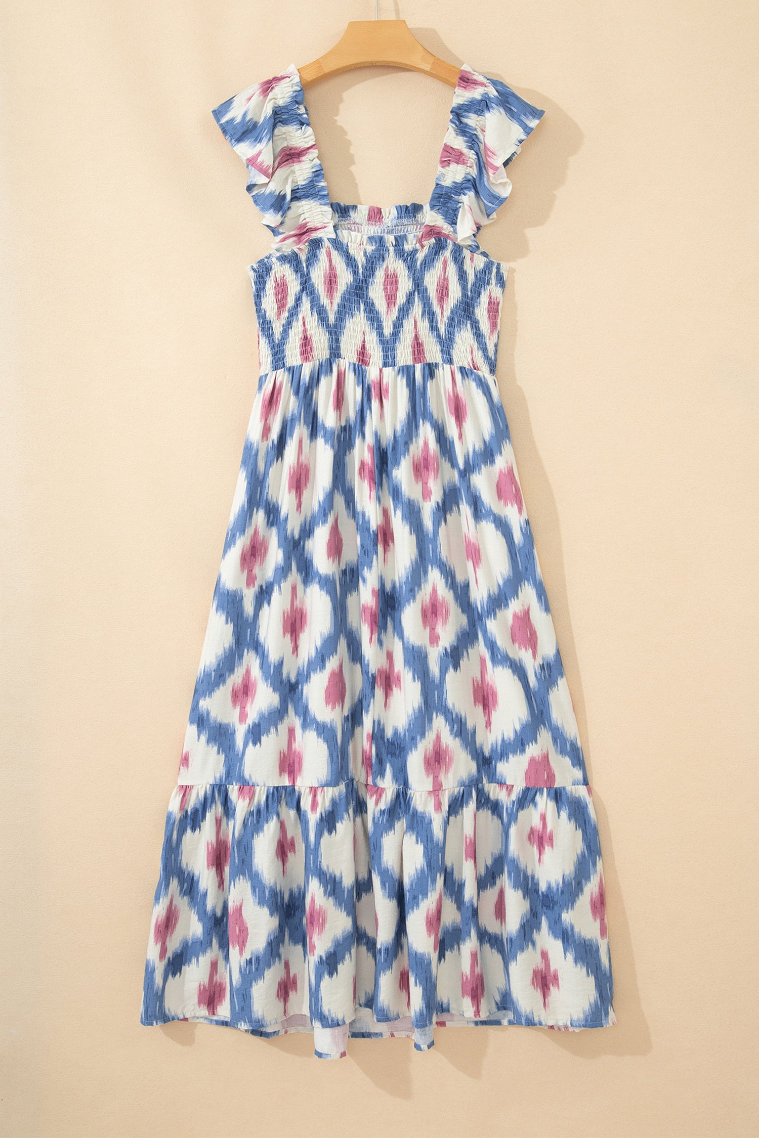 Boho Geometric Smocked Square Neck Ruffle Dress