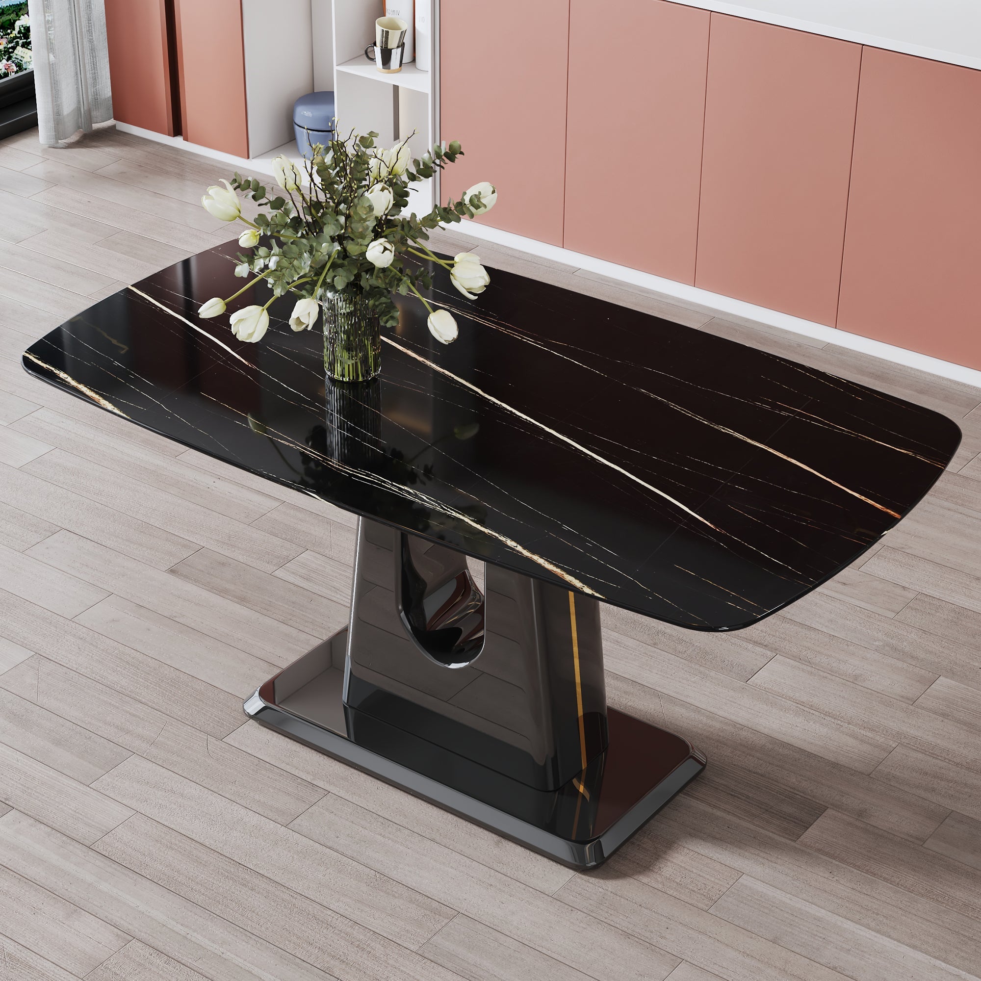 A modern, minimalist, and luxurious table. A black imitation marble tabletop with MDF U-shaped legs. Dining table, computer table. For restaurants and living rooms 63' * 35.4'* 30' F-U