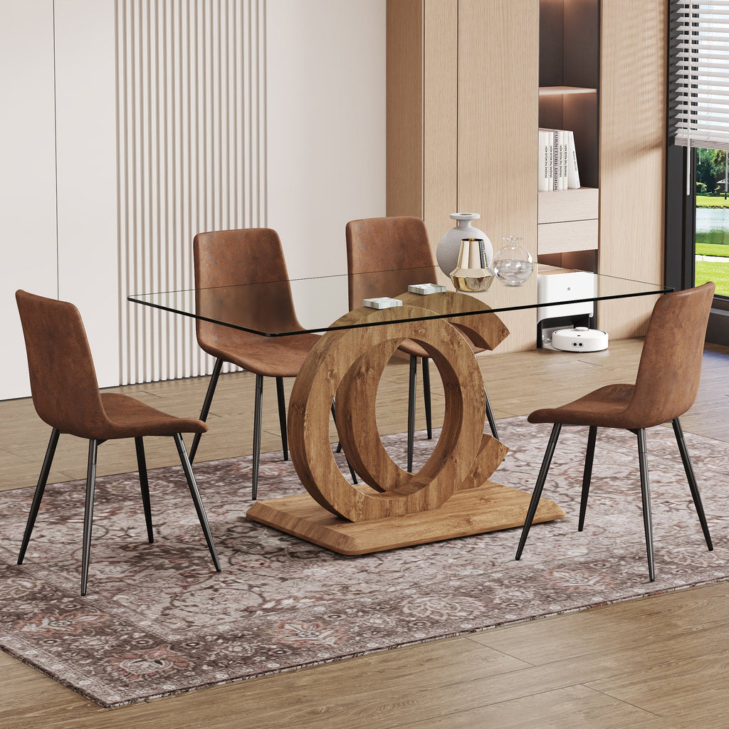 1 table and 4 chairs set.63'x35.4x30' Rectangular Transprant Tempered glass Dining Tabletop with Wood color MDF OC shaped bracket.Paired with 4 brown technology fabric dining chairs.W1151S02014