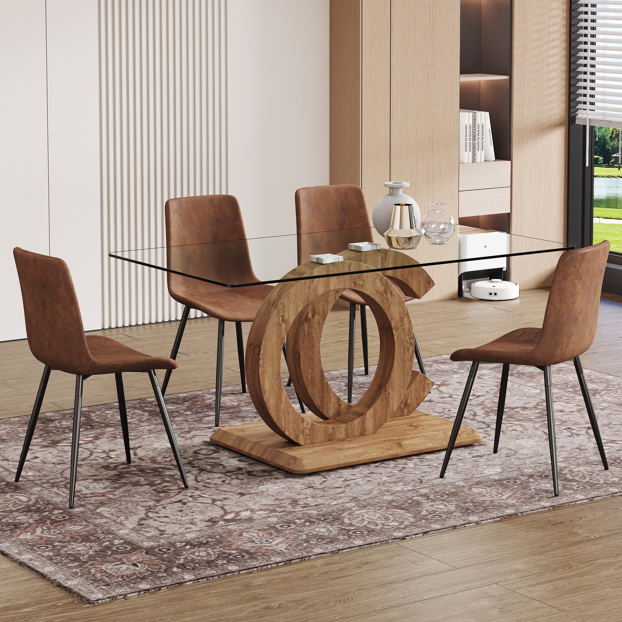 1 table and 4 chairs set.63'x35.4x30' Rectangular Transprant Tempered glass Dining Tabletop with Wood color MDF OC shaped bracket.Paired with 4 brown technology fabric dining chairs.W1151S02014