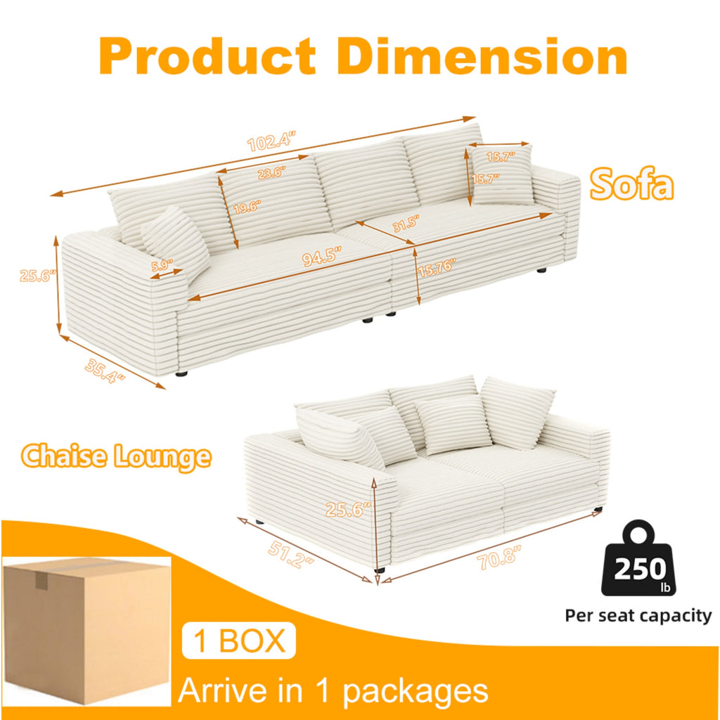 104.3 ' Plush Corduroy 4-Seat Sofa, Modern Comfy Upholstered Sofa Cloud Couch, Deep Seat Couches with Soft Pillows and 2 Ottomans, Convertible Sofa Lounge Chair, for Living Room,Apartment,Office,Beige