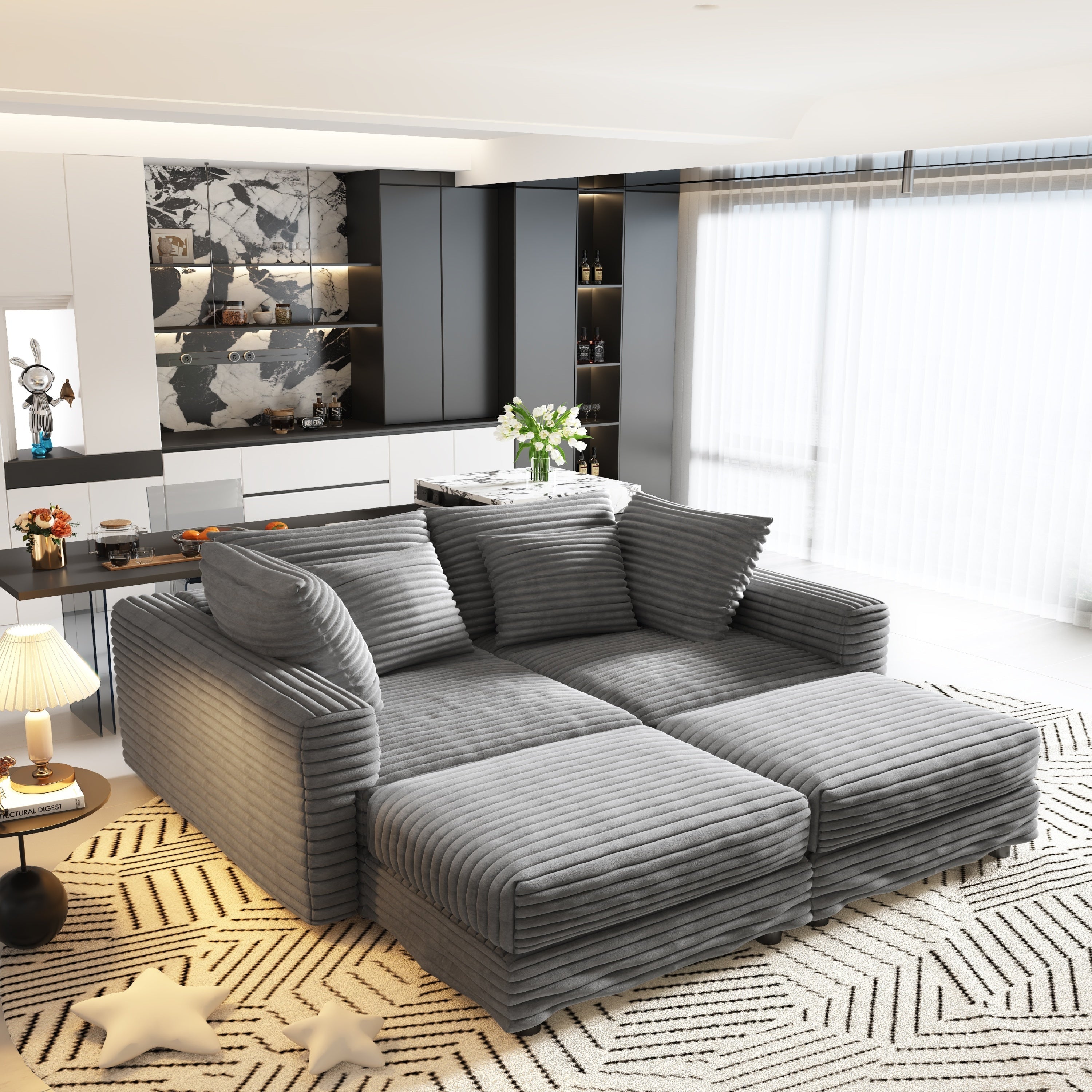 104.3 ' Plush Corduroy 4-Seat Sofa, Modern Comfy Upholstered Sofa Cloud Couch, Deep Seat Couches with Soft Pillows and 2 Ottomans, Convertible Sofa Lounge Chair, for Living Room,Apartment,Office,Grey