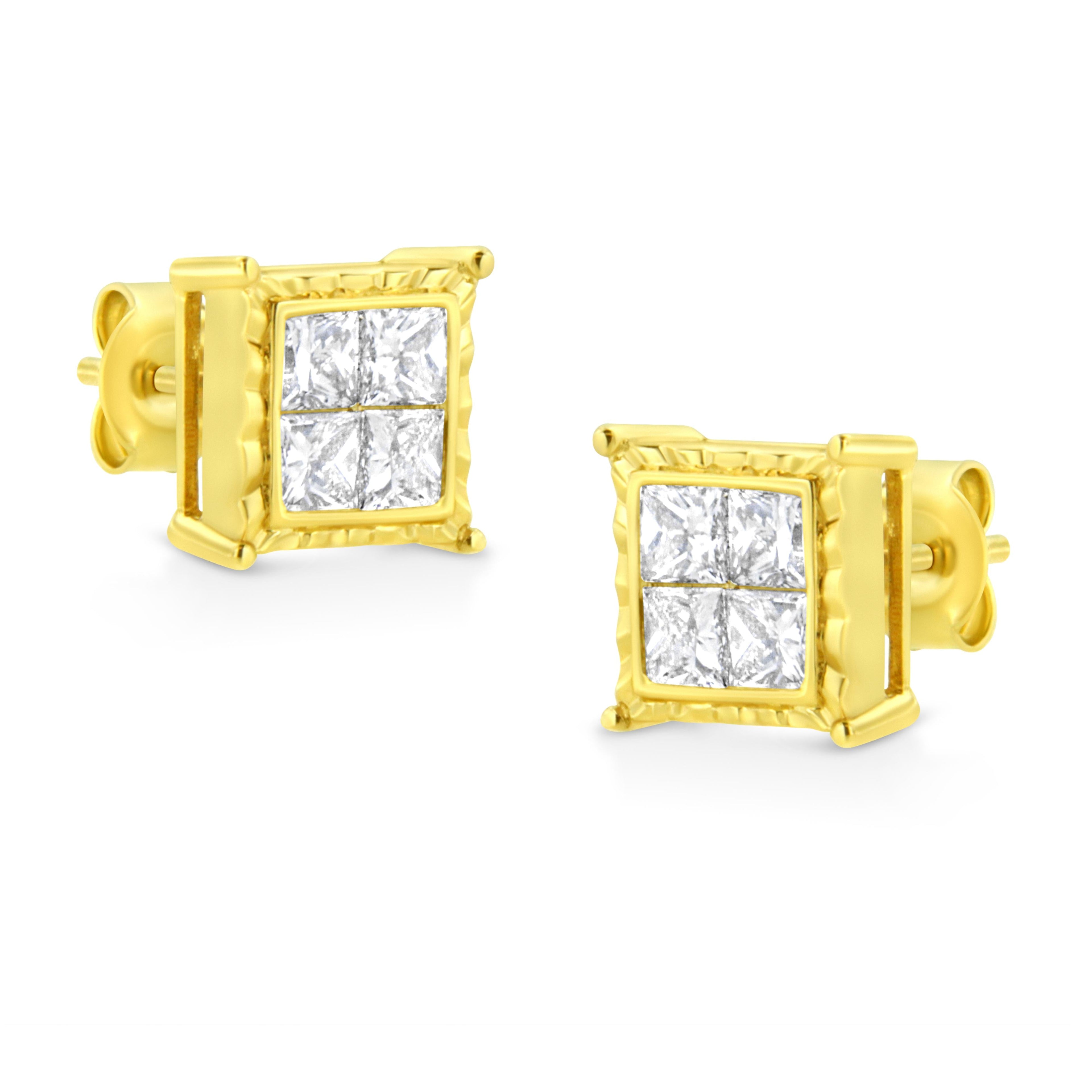 14K Yellow Gold 1.0 Cttw Invisible Set Princess-Cut Diamond Composite 8 Stone Stud Earrings (I-J Color, SI1-SI2 Clarity)