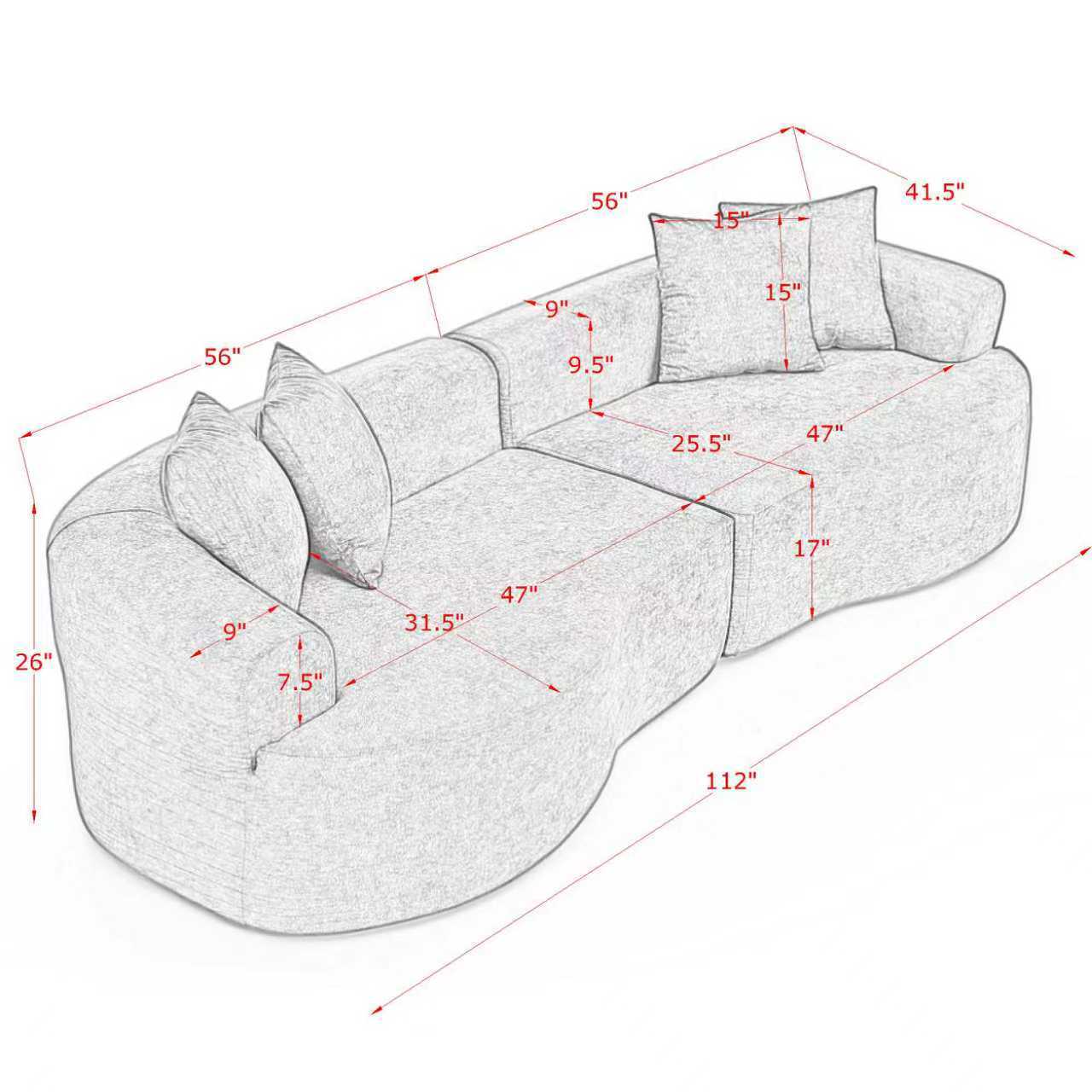 Modern Cloud 4-Seater Sectional Curved Sofa, Minimalist Compression Living Room Couch, No Assembly Needed, Chenille, Black