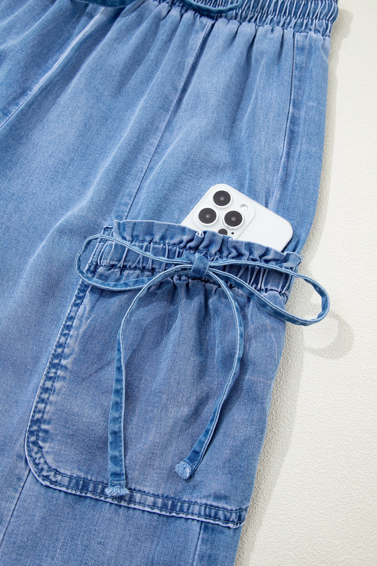 Denim Drawstring Pocket Elastic Waist Loose Pants
