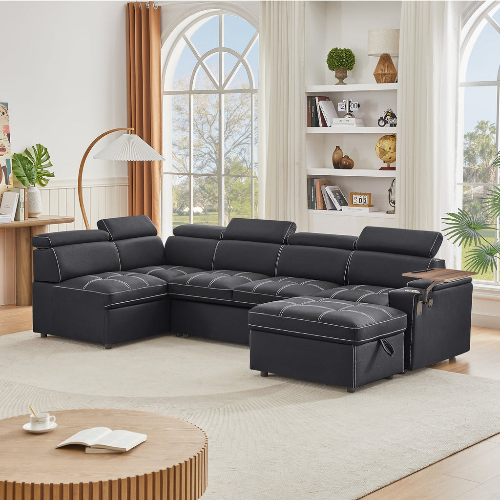 Black Fabric Sectional Sofa with Storage Ottoman