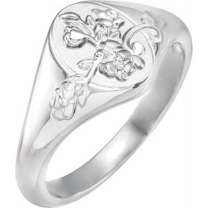 Platinum 10.1 mm Oval Floral Signet Ring