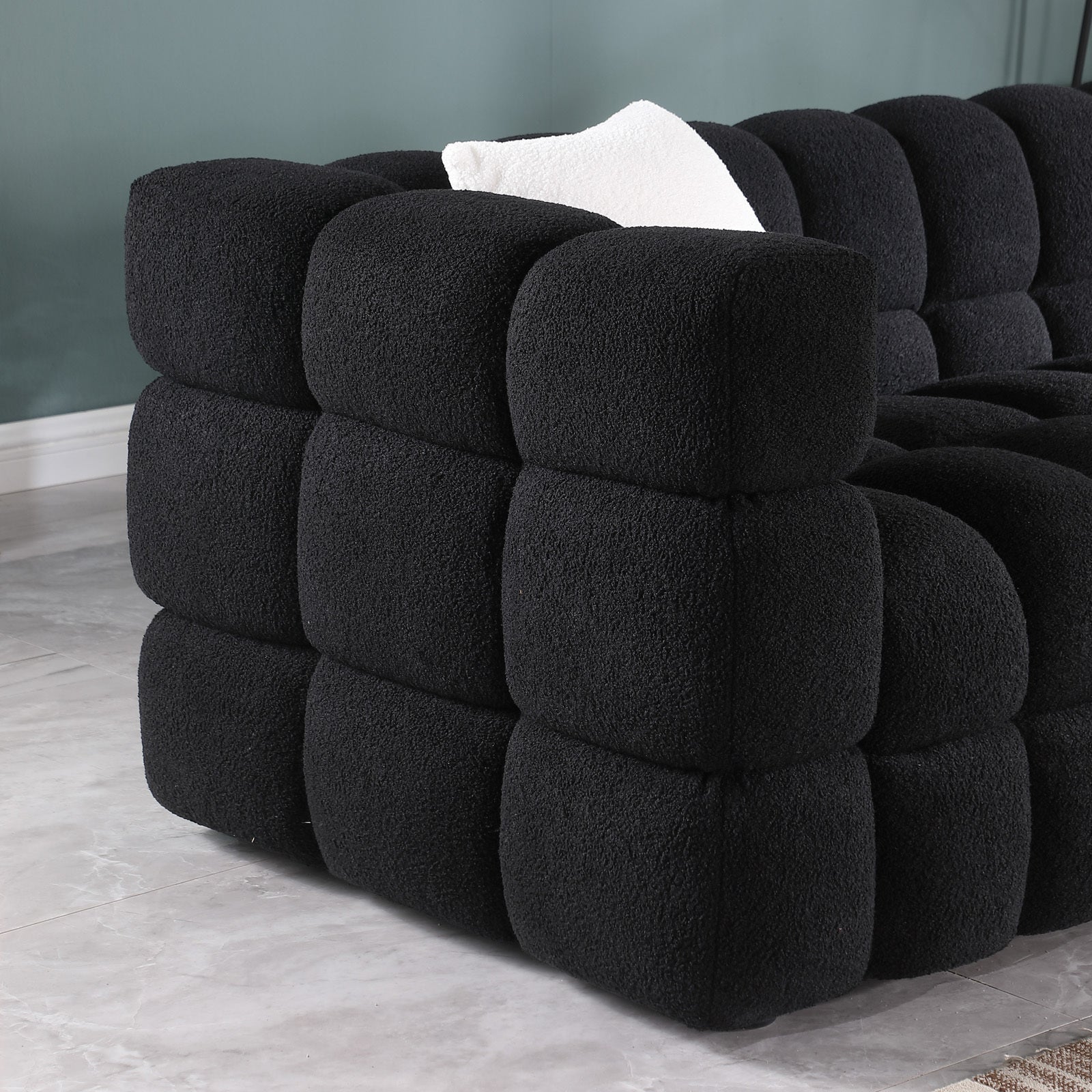 84.3 length ,35.83' deepth ,human body structure for USA people,  marshmallow sofa,boucle sofa ,black color,3 seater