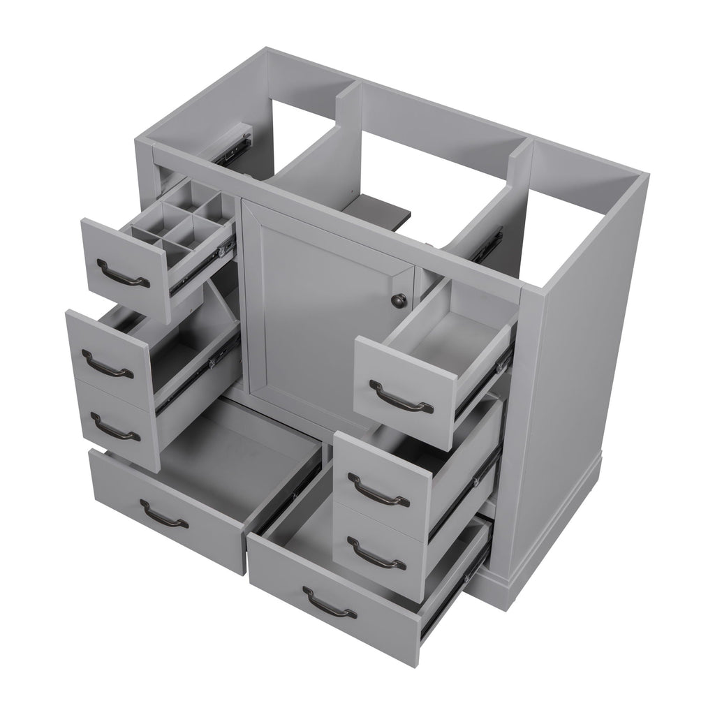 36" Bathroom Vanity Without Sink, Cabinet Base Only, 6 Drawers, Multi Functional Drawer Divider, Adjustable Shelf - Gray