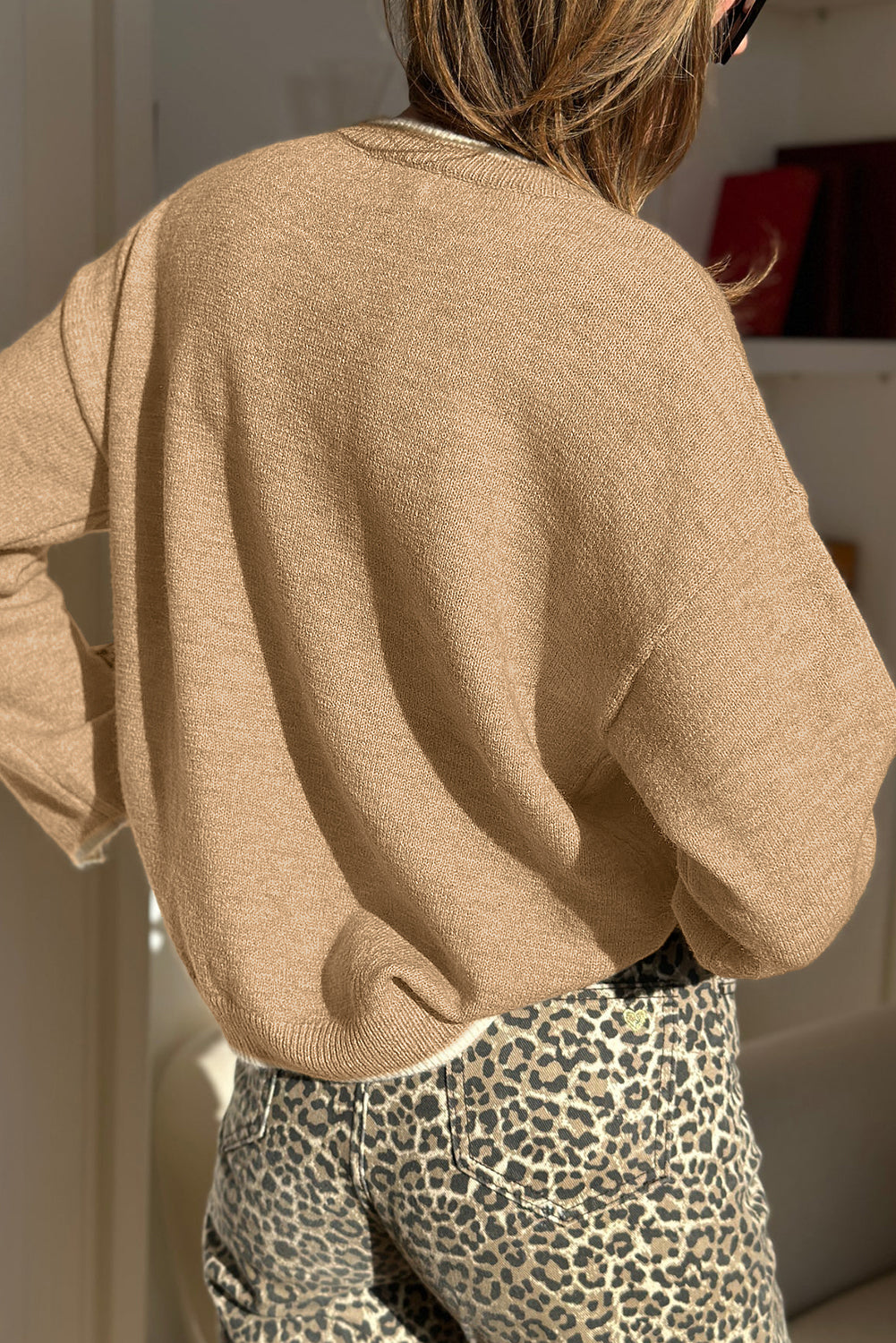 Racing Red Leopard Bow Decor Split Cuffs Contrast Trim Sweater