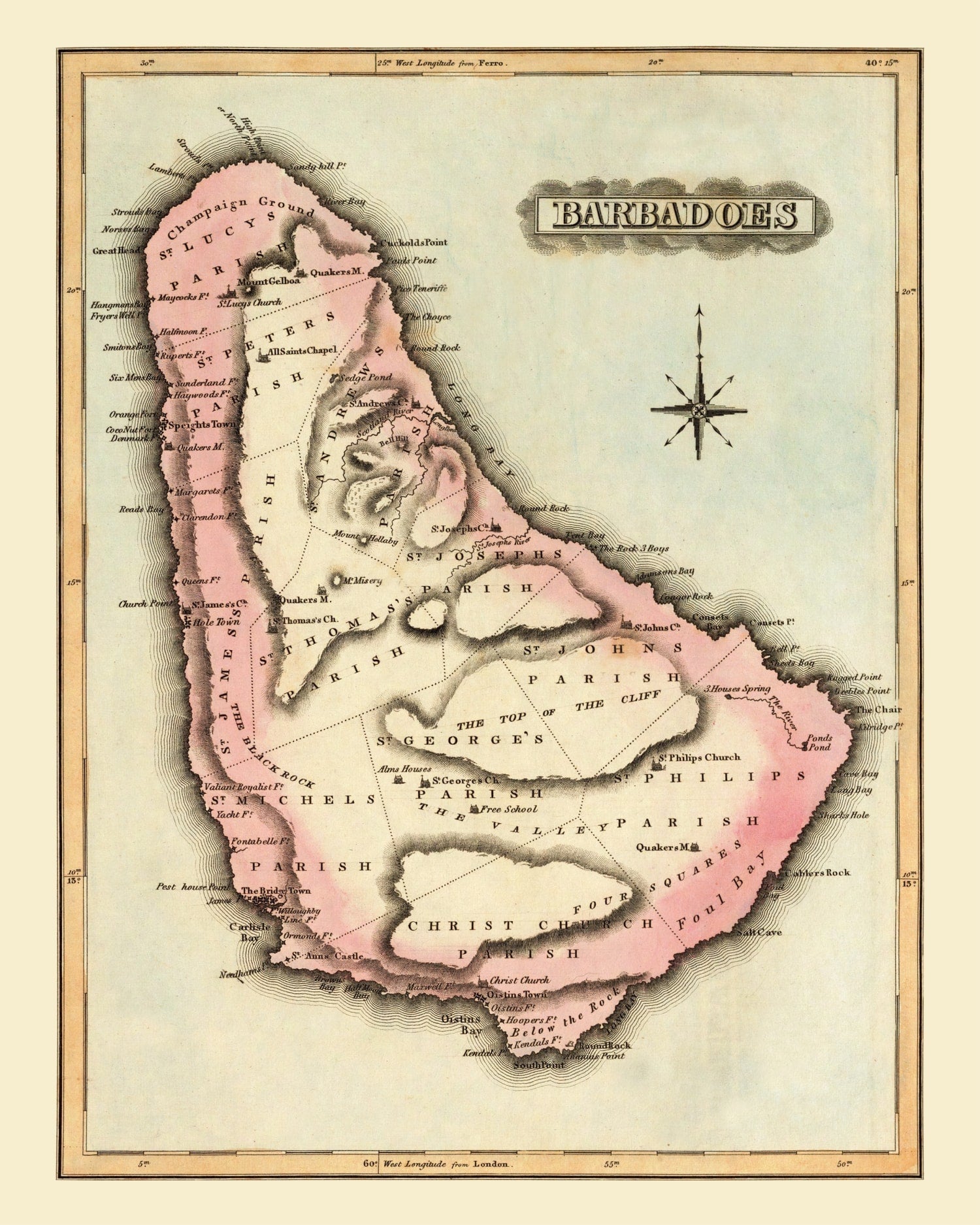 Vintage Map of Barbados 1823