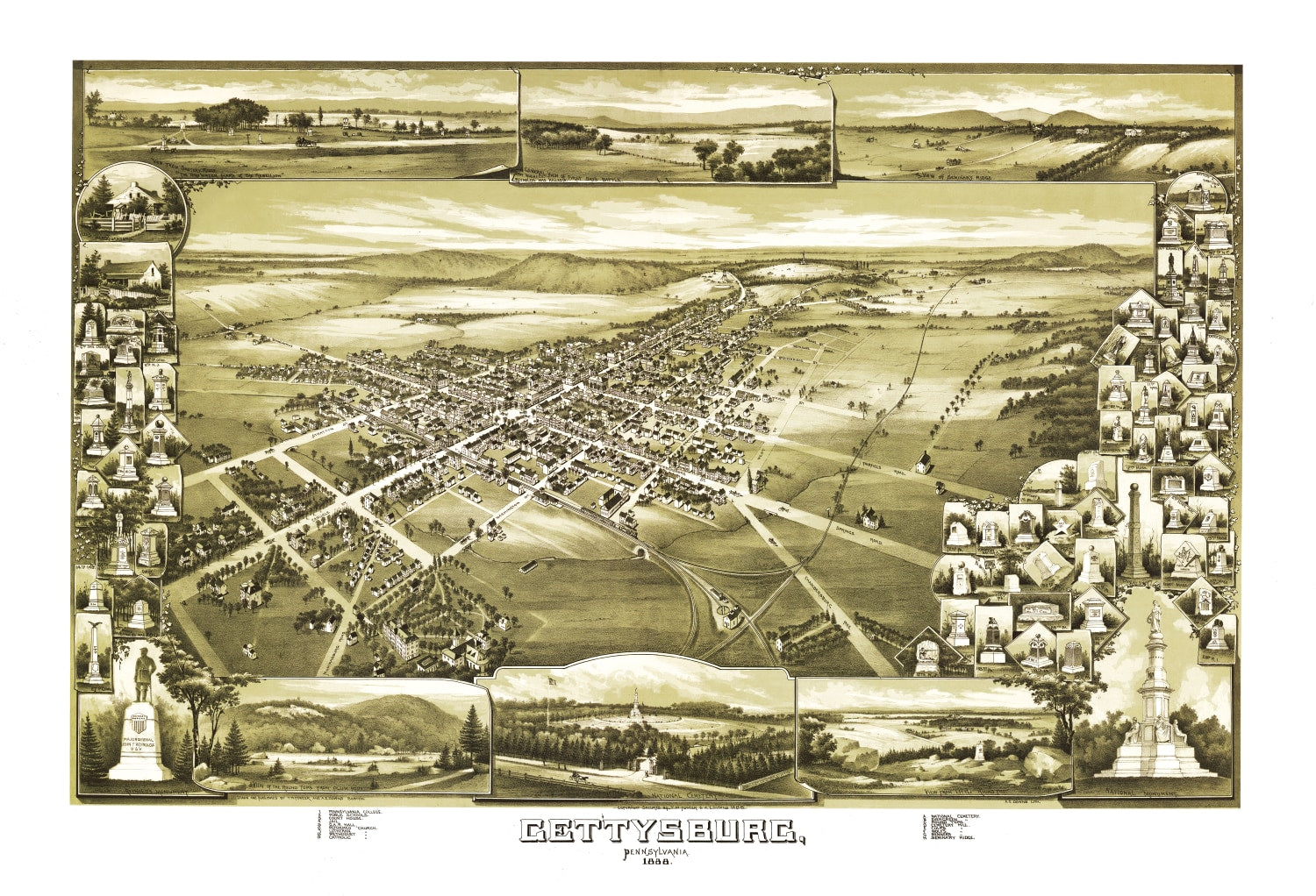 Vintage Map of Gettysburg, Pennsylvania 1888