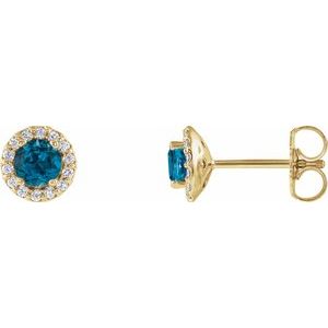 14K Yellow Gold 4 mm Natural London Blue Topaz & 1/10 CTW Natural Diamond Earrings