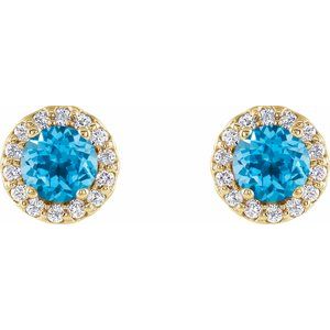 14K Yellow Gold 4 mm Natural Swiss Blue Topaz & 1/10 CTW Natural Diamond Earrings