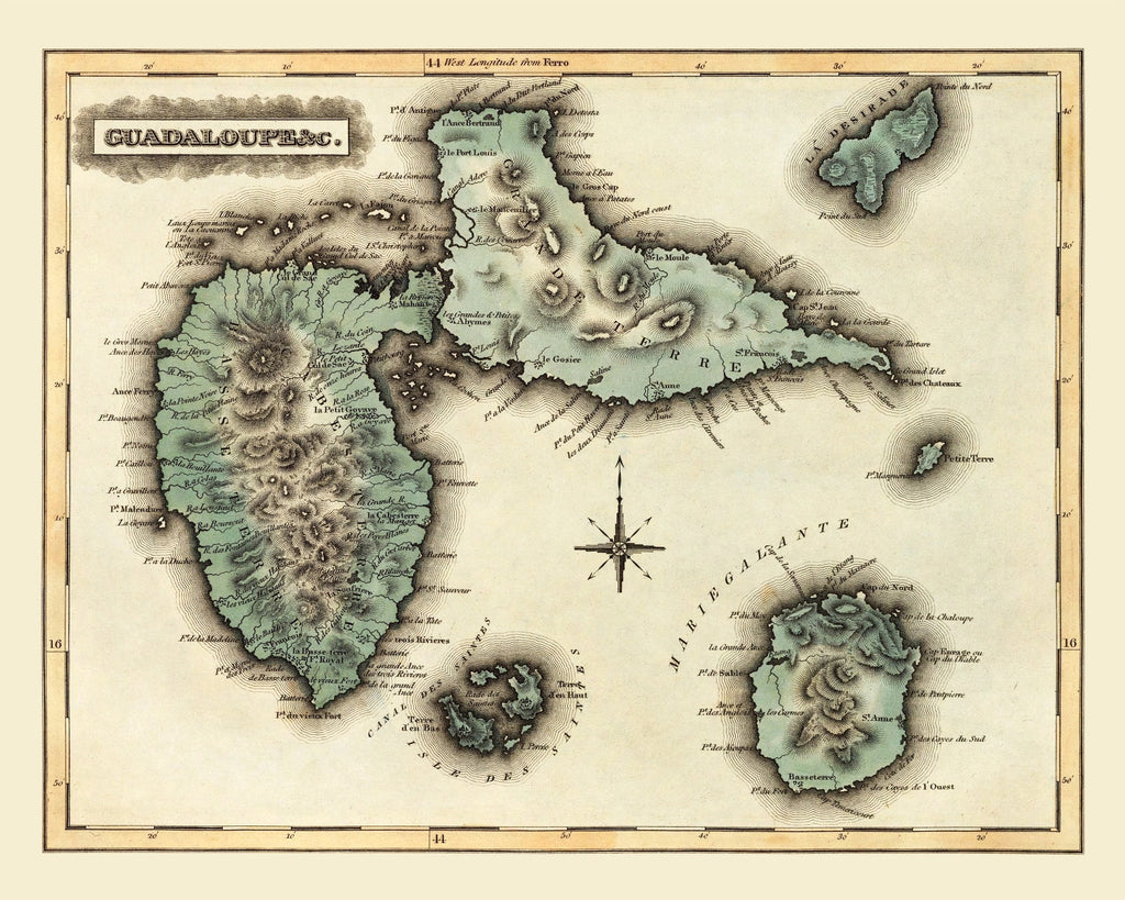 Vintage Map of Guadaloupe, 1823