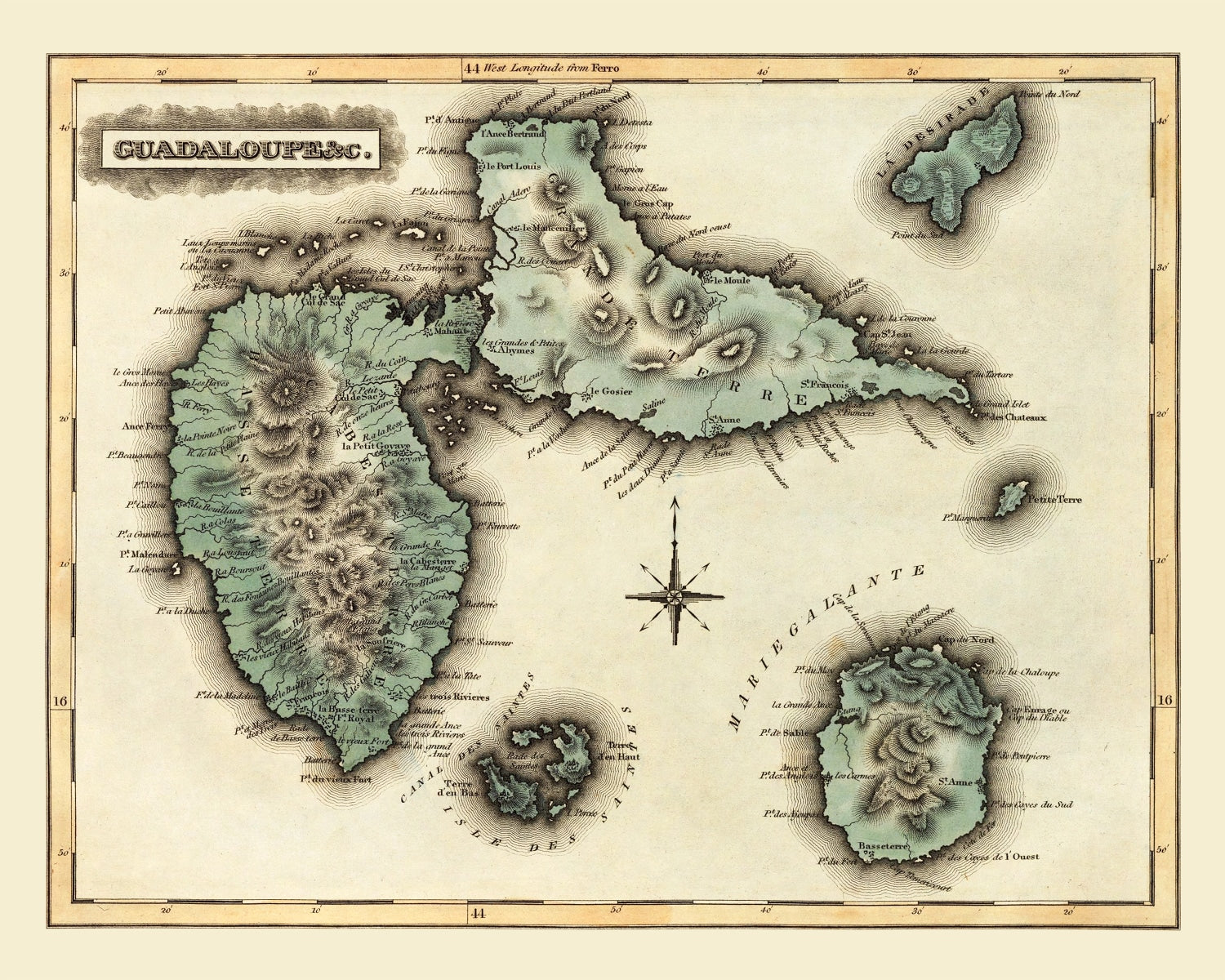 Vintage Map of Guadaloupe, 1823