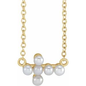 14K Yellow Gold Cultured White Seed Pearl Sideways Cross 16-18" Necklace