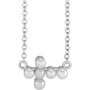 Platinum Cultured White Seed Pearl Sideways Cross 16-18" Necklace