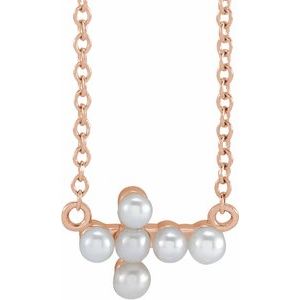 14K Rose Gold Cultured White Seed Pearl Sideways Cross 16-18" Necklace