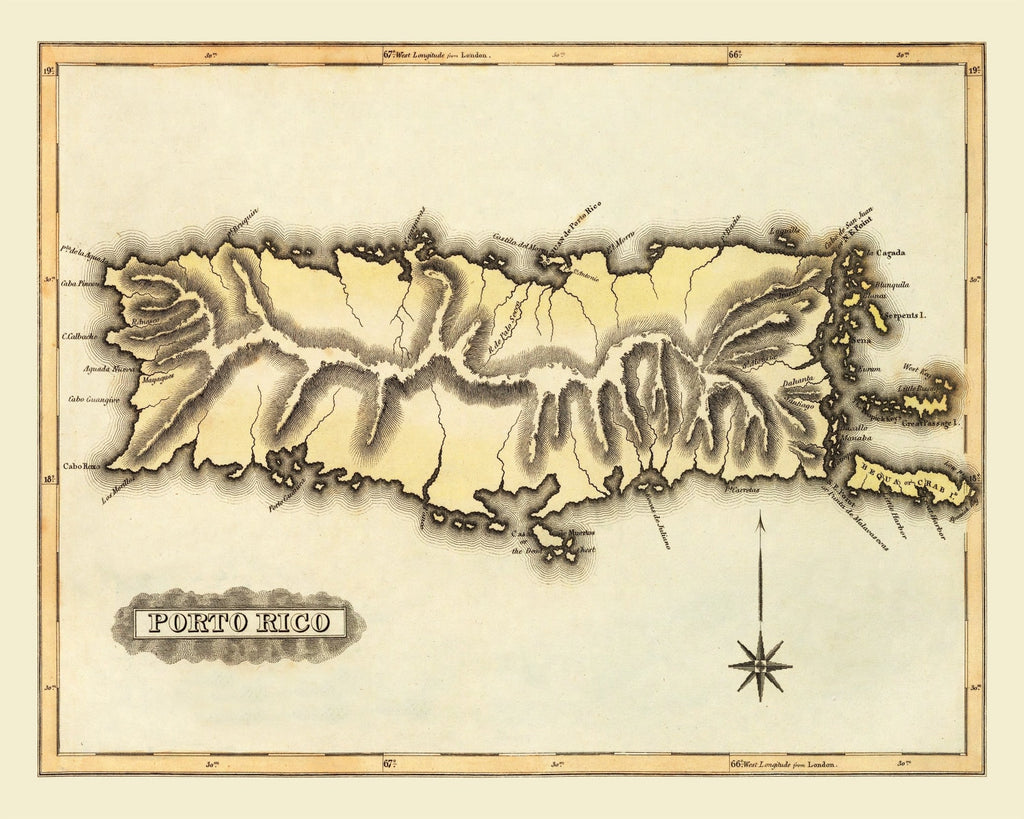 Vintage Map of Puerto Rico, 1823