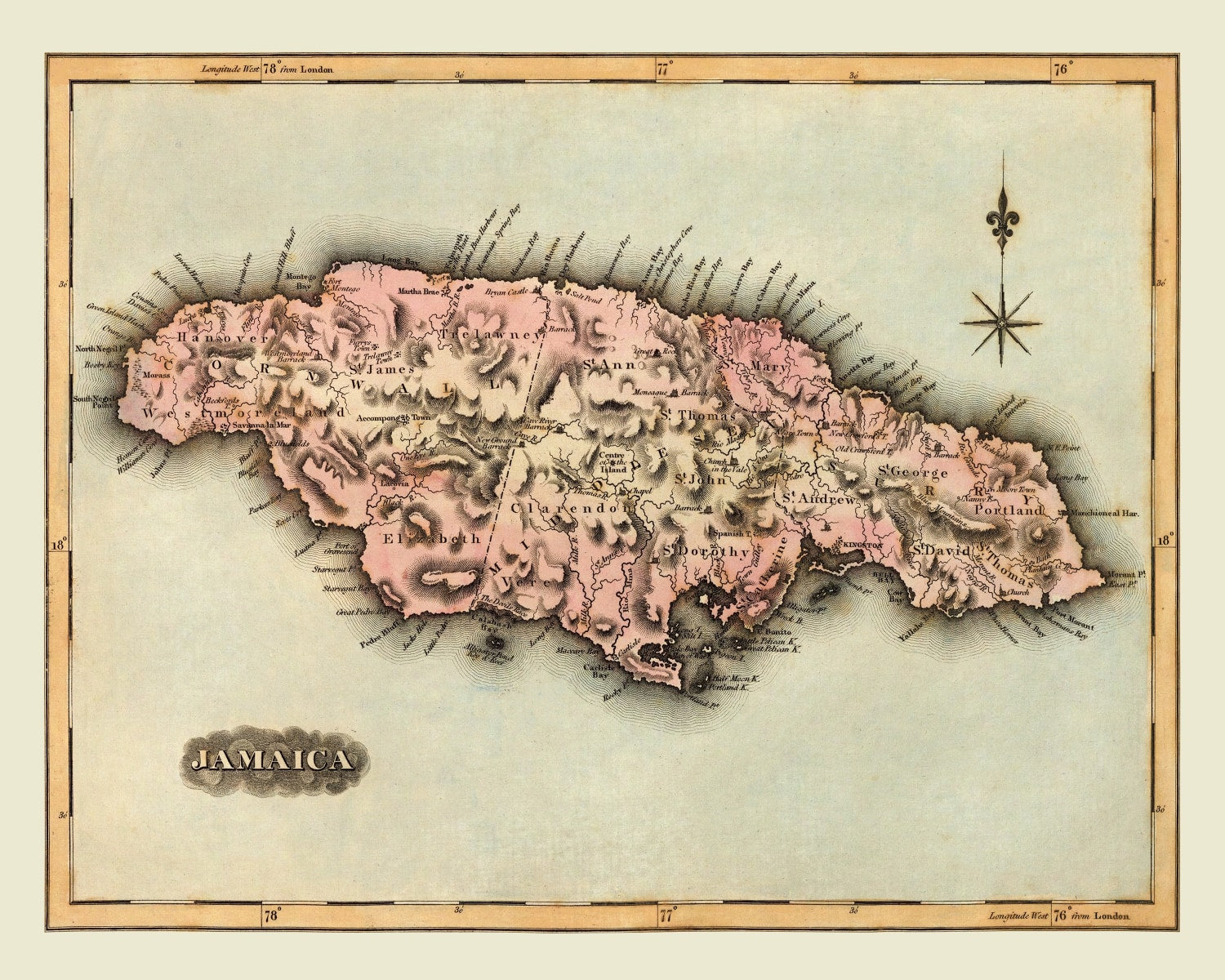 Vintage Map of Jamaica 1823