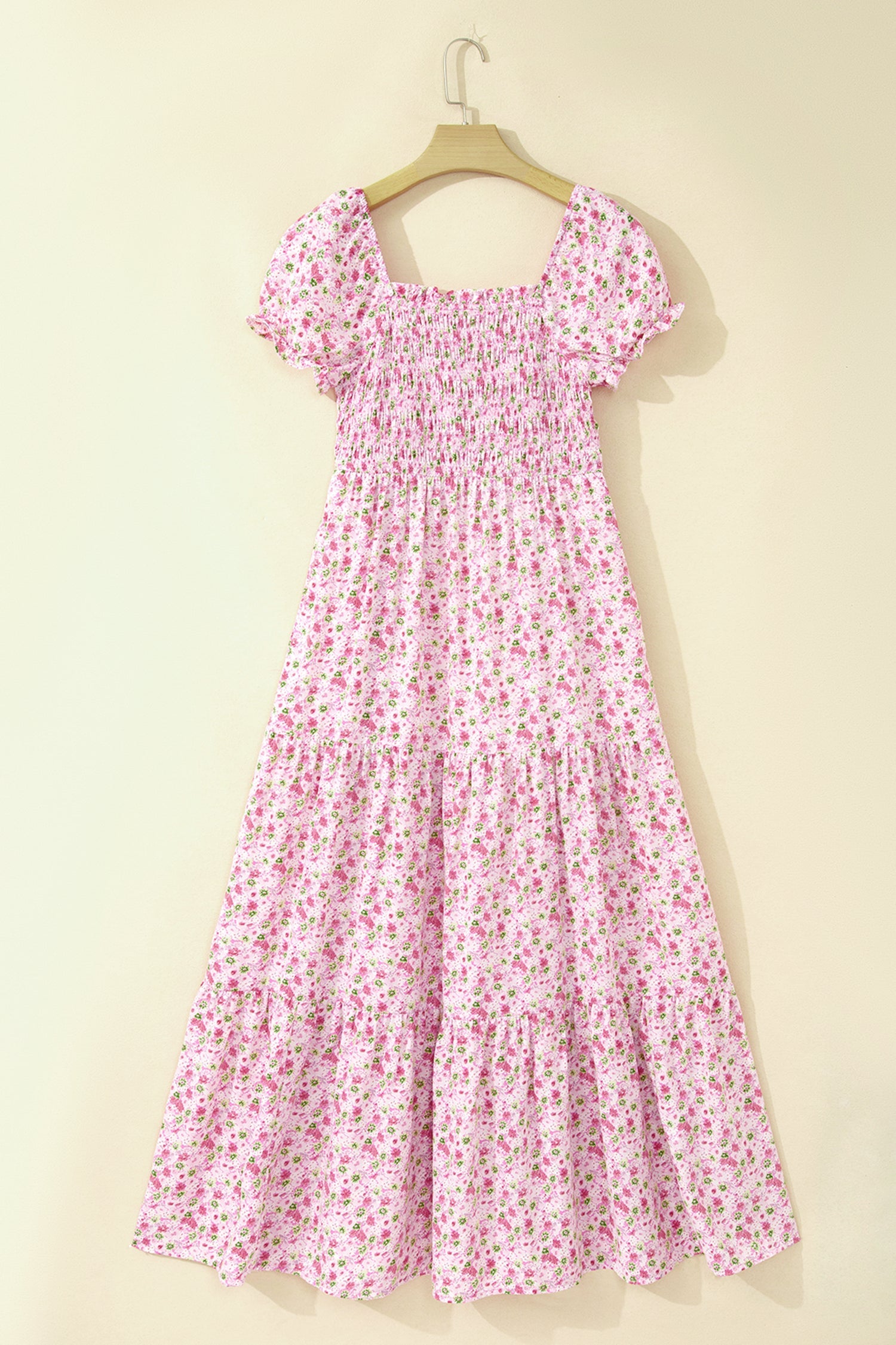 Floral Bubble Sleeve Shirred Waist Maxi Dress