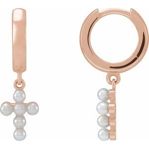 14K Rose Gold Cultured White Seed Pearl Cross Hoop Earrings