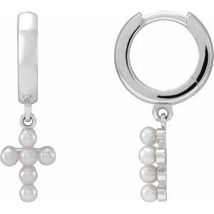 Platinum Cultured White Seed Pearl Cross Hoop Earrings