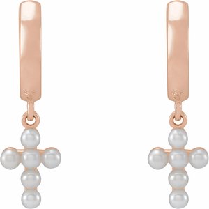 14K Rose Gold Cultured White Seed Pearl Cross Hoop Earrings – image 2