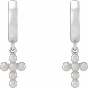 14K White Gold Cultured White Seed Pearl Cross Hoop Earrings – image 2