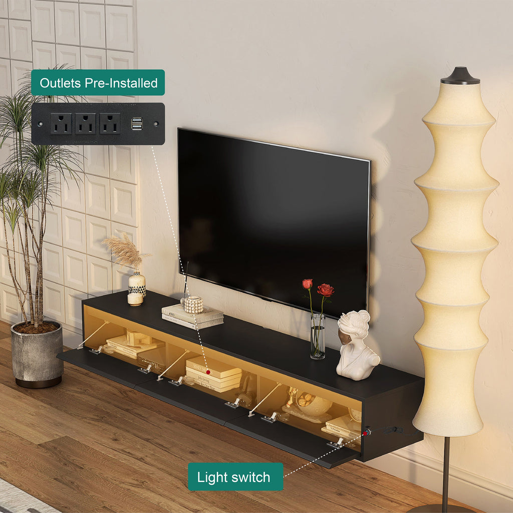 Floating TV Stand, Wall Mounted TV Shelf with Led Lights & Power Outlet,High Gloss TV Cabinet for Black tv Stands for Living Room