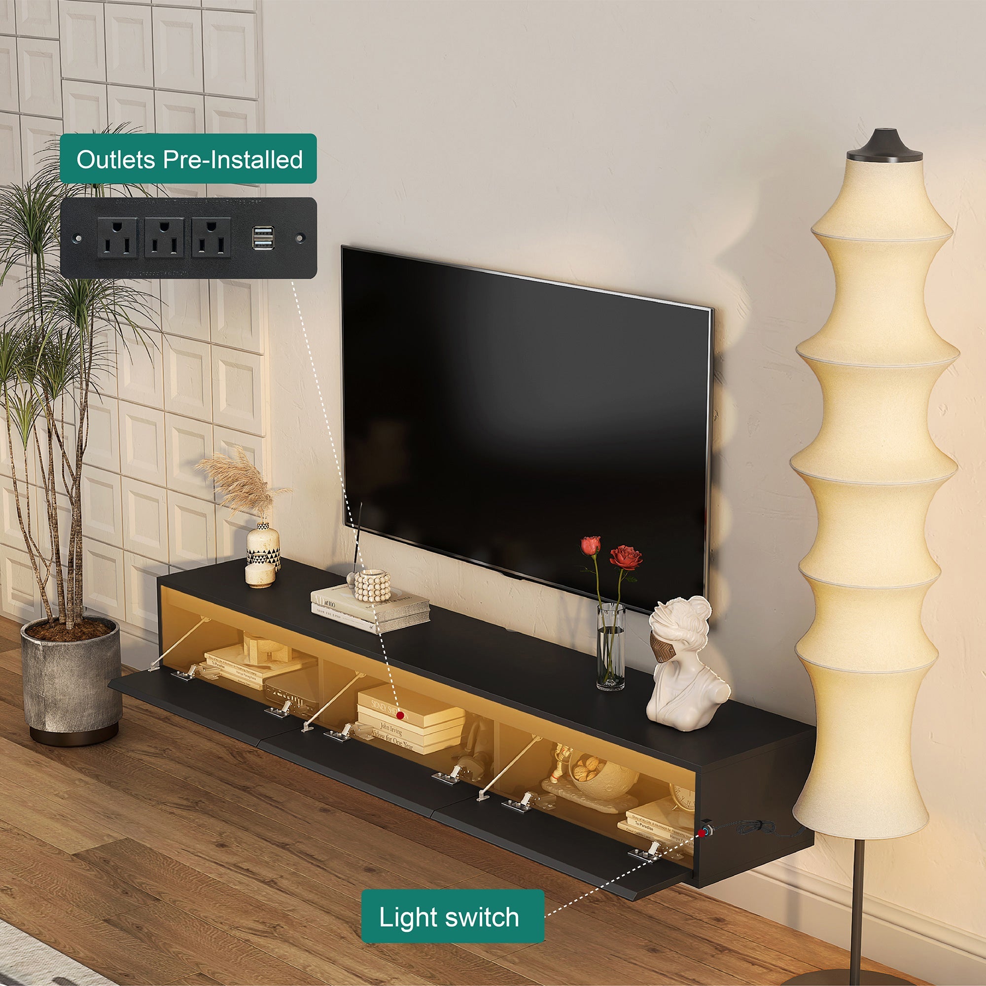Floating TV Stand, Wall Mounted TV Shelf with Led Lights & Power Outlet,High Gloss TV Cabinet for Black tv Stands for Living Room
