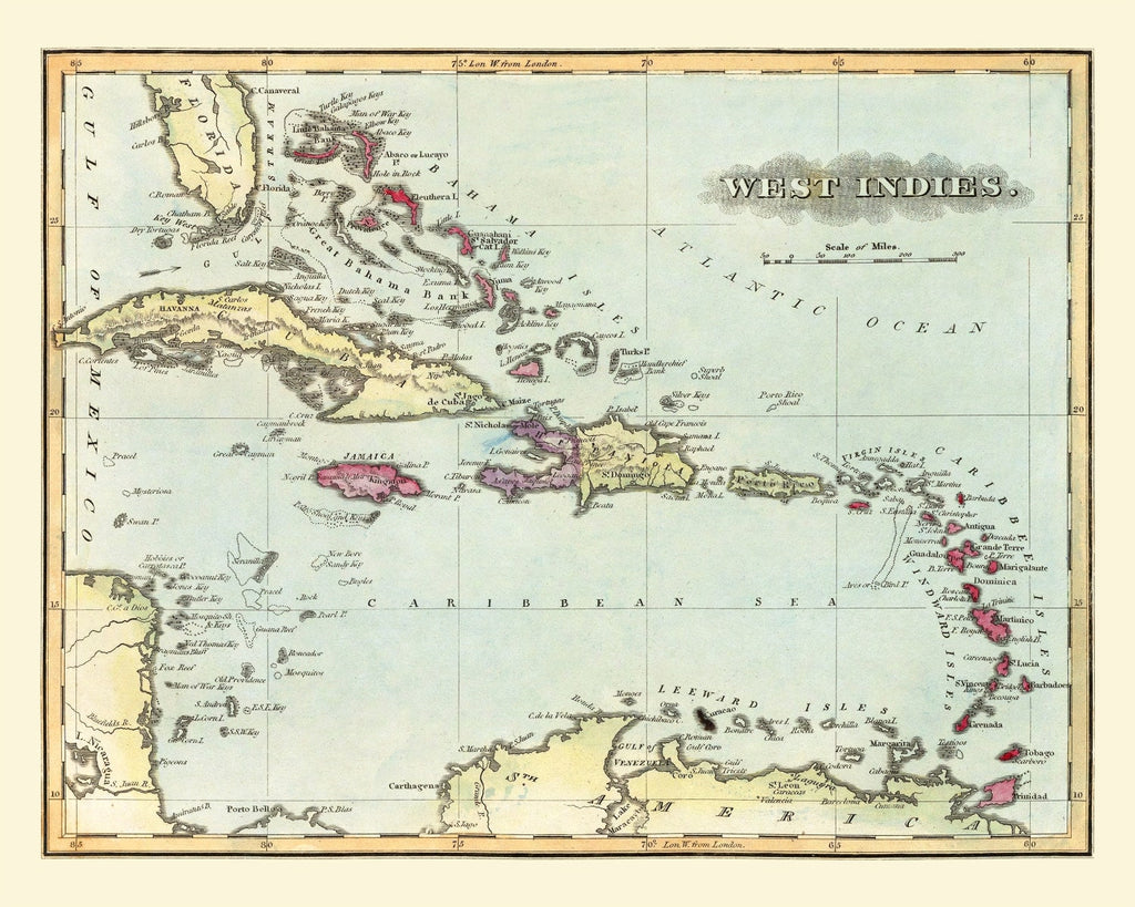 Vintage Map of West Indies, 1823