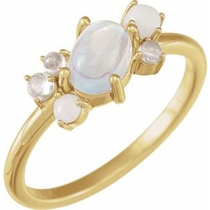 14K Yellow Gold Natural Rainbow Moonstone & Multi-Gemstone Scattered Cabochon Ring