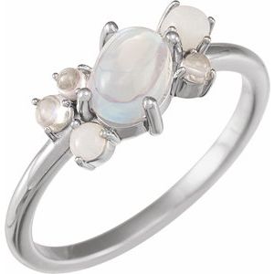 Sterling Silver Natural Rainbow Moonstone & Multi-Gemstone Scattered Cabochon Ring