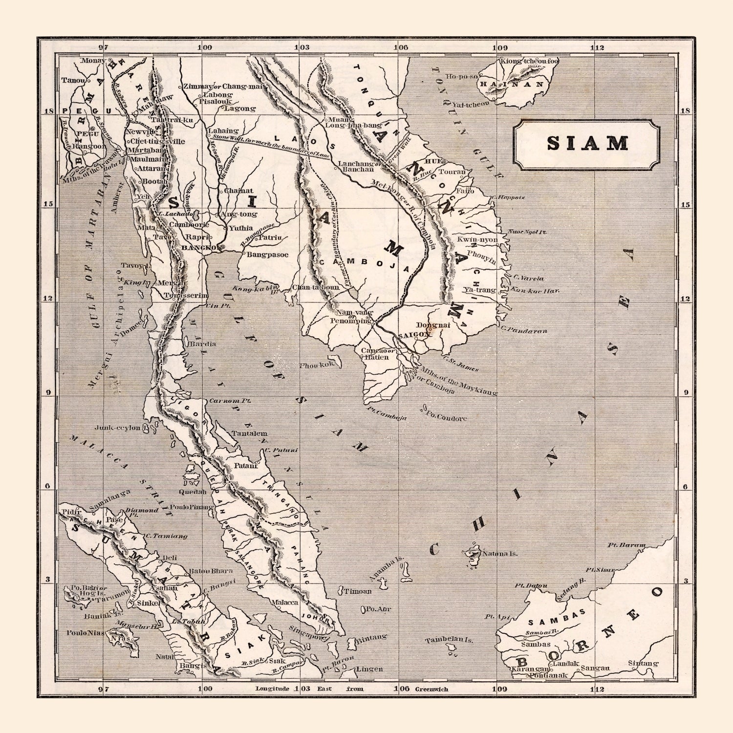 Vintage Map of Thailand 1848