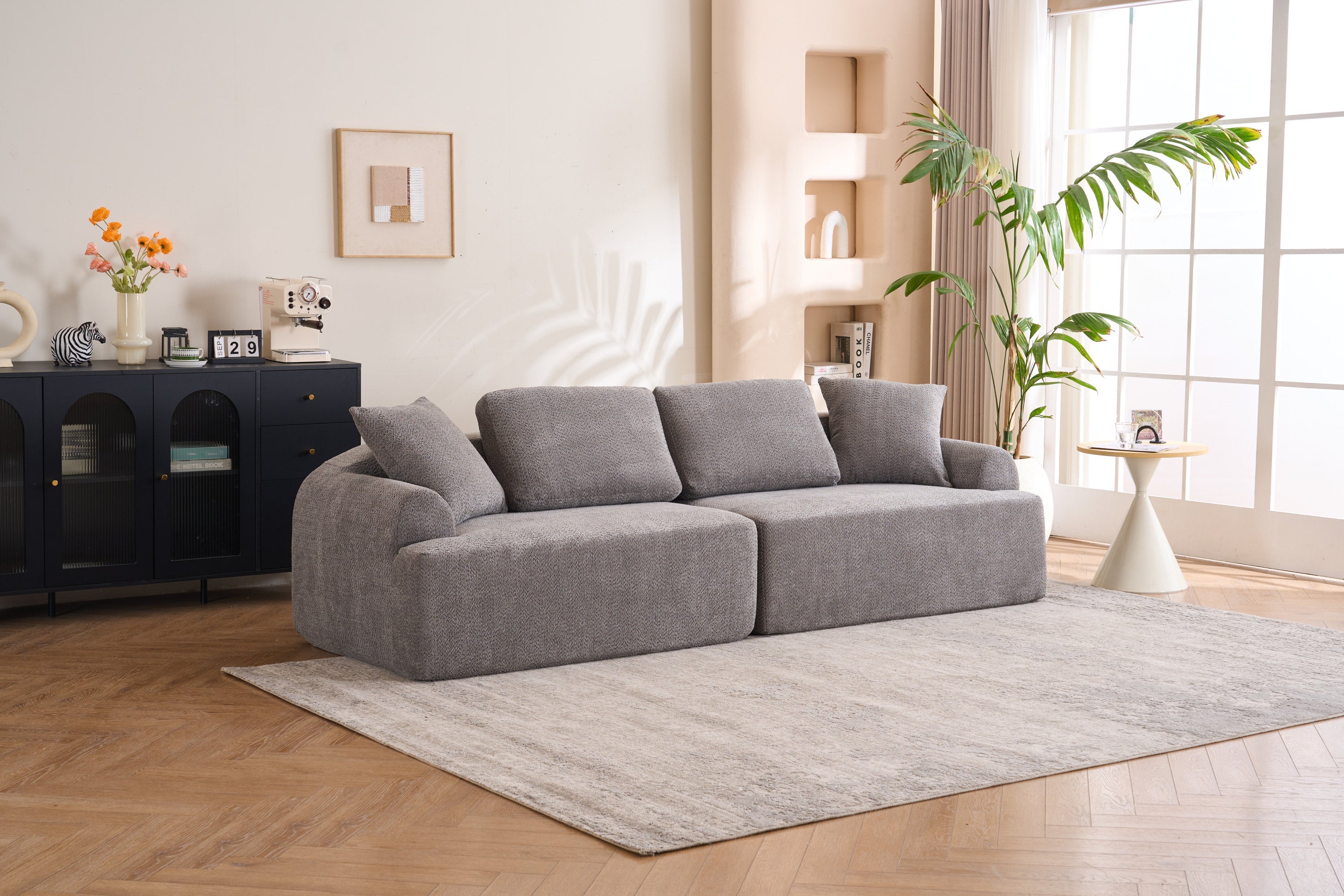 LY-024GY COMPRESSION SOFA: 4-seater combined sofa, Crochet Yarn Fabric, full sponge compression sofa,combined sofa with 4 pillows for home living/ Home Furniture/ Apartment/Office/House
