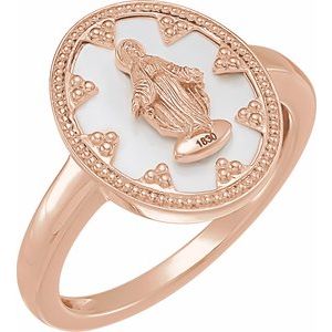 14K Rose Oval White Enamel Miraculous Medal Ring