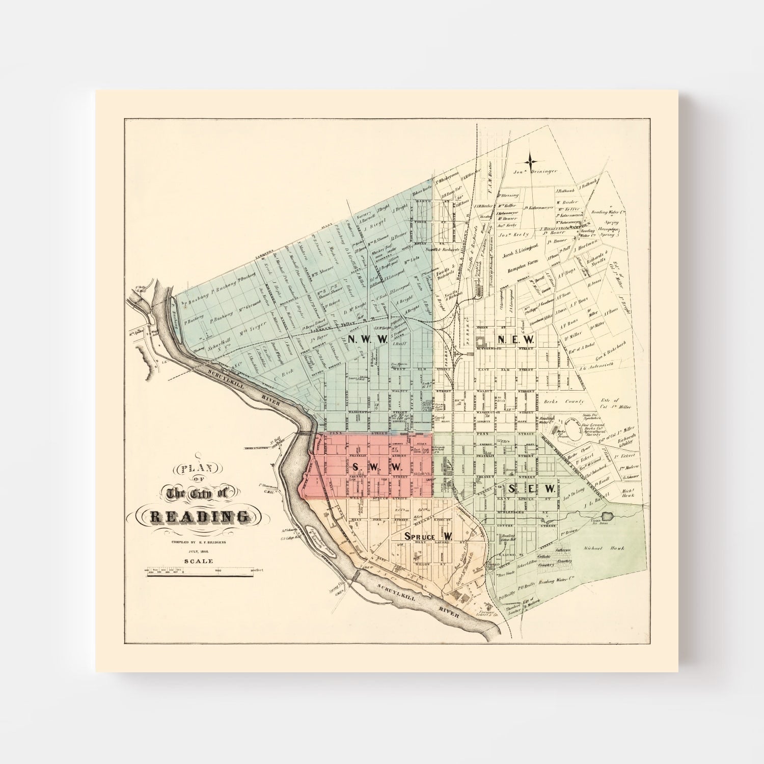 Vintage Map of Reading, Pennsylvania 1860