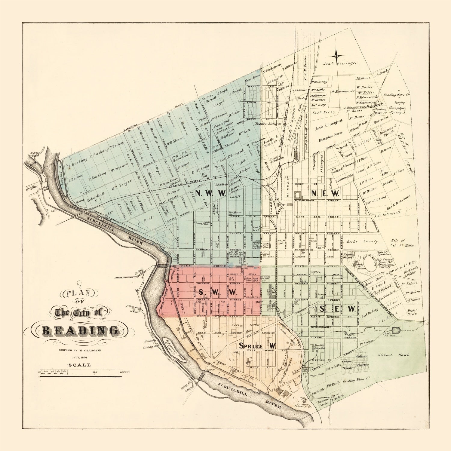 Vintage Map of Reading, Pennsylvania 1860
