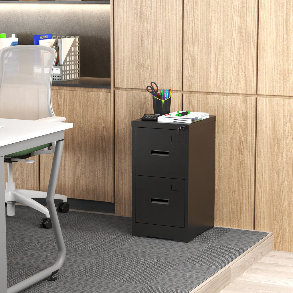 Modern Black 2 Drawer Metal Vertical File Cabinet with Lock and Card Slot for Office and Home Use