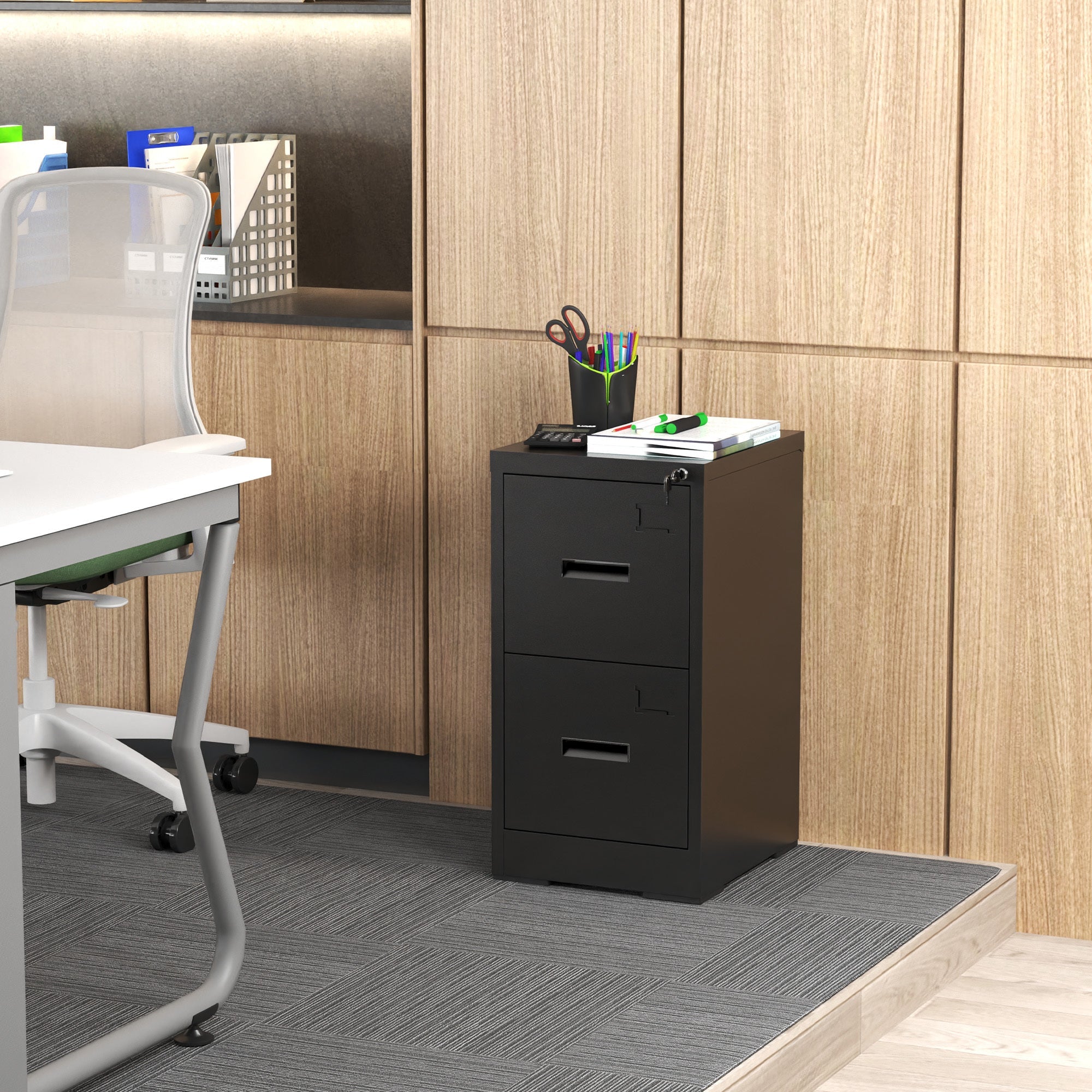 Modern Black 2 Drawer Metal Vertical File Cabinet with Lock and Card Slot for Office and Home Use