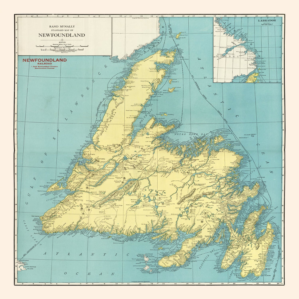 Vintage Map of Newfoundland Canada, 1924