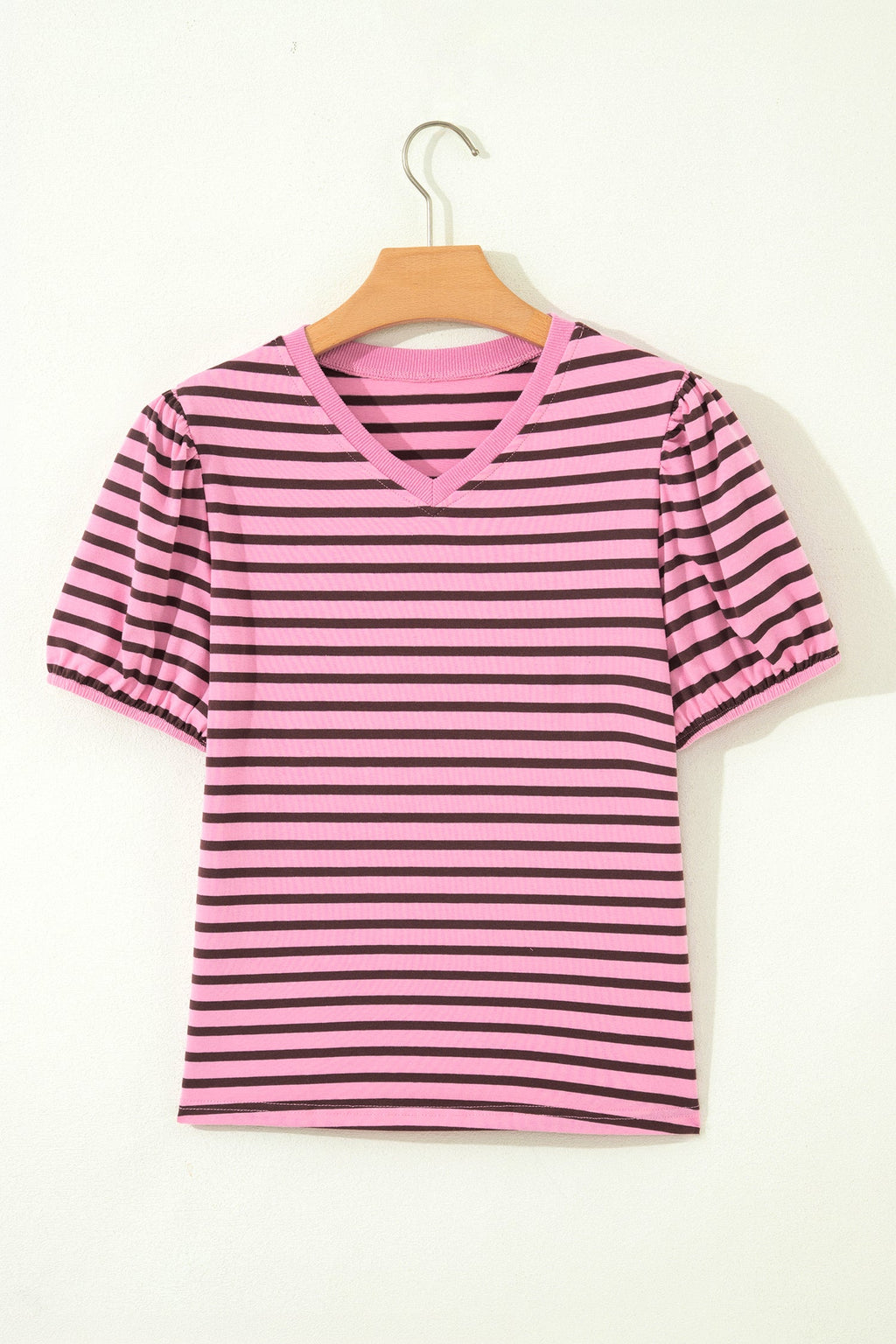 Stripe Ribbed Trim V-Neck Puff Sleeve Top