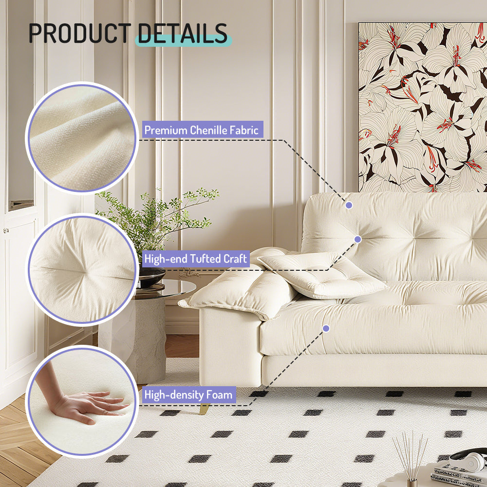 104.7 ' Modern 4-Seat Cloud Sofa with Wide Removable Armrests, Tufted Sofa with Metal Legs,Comfy Chenille Upholstered Couch with 2 Pillows for Living Room,Bedroom,Apartment, Office,Studio,Beige