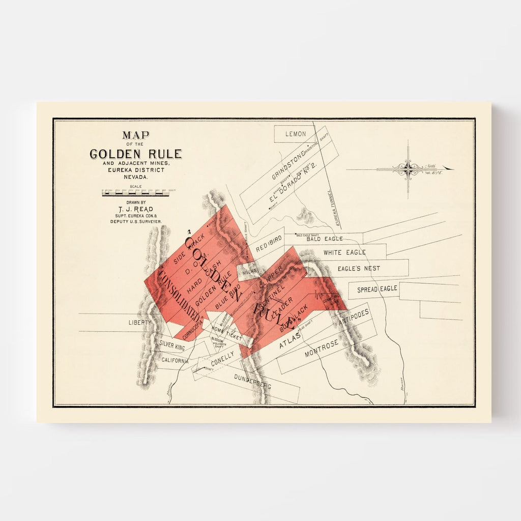 Vintage Map of The Gold Rule Mine, 1865