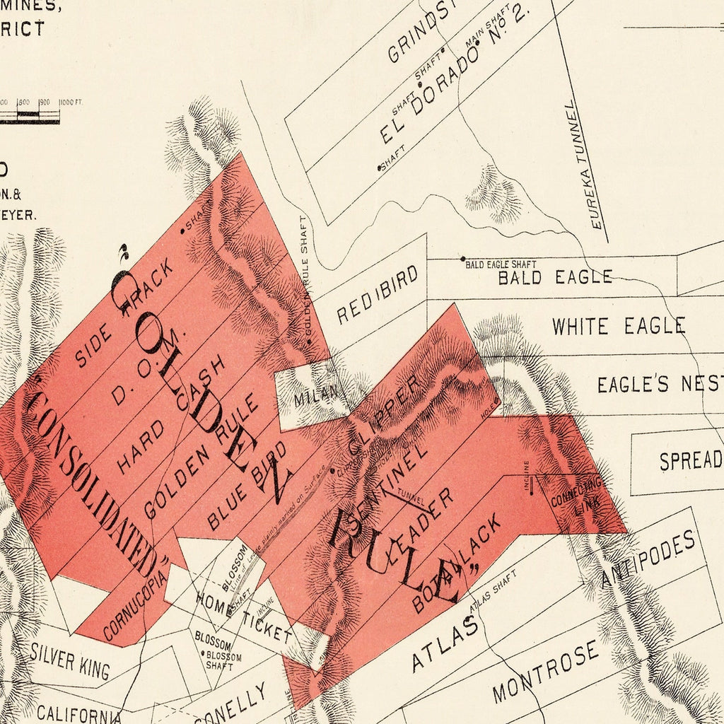 Vintage Map of The Gold Rule Mine, 1865