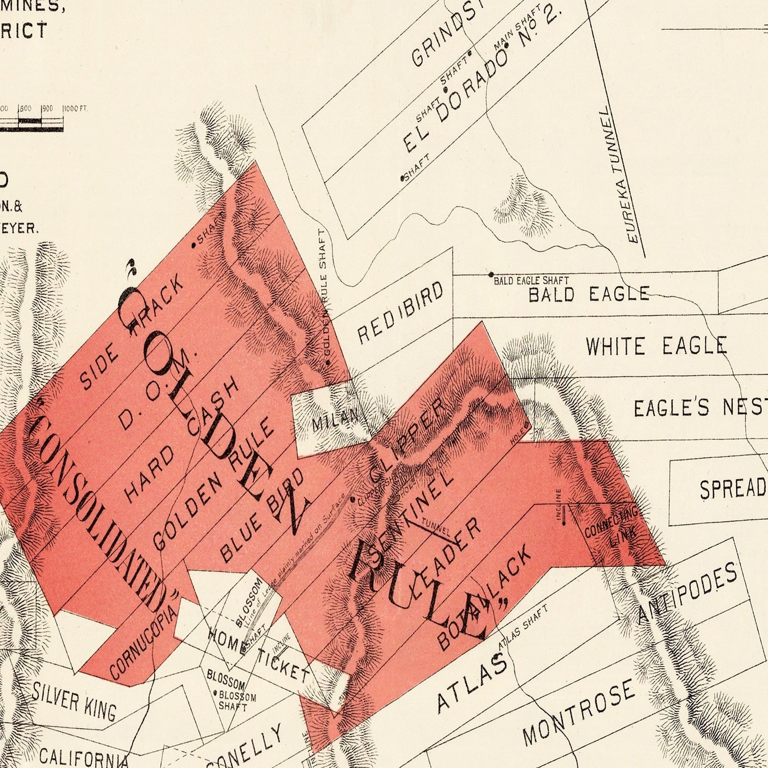 Vintage Map of The Gold Rule Mine, 1865