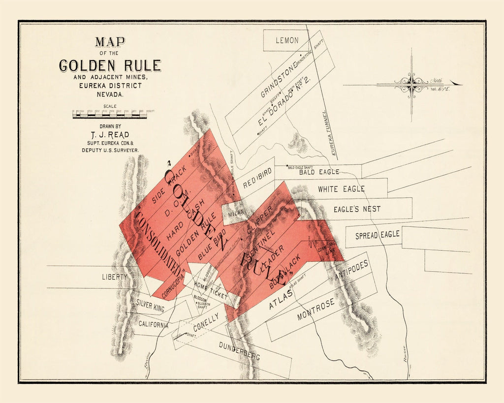 Vintage Map of The Gold Rule Mine, 1865